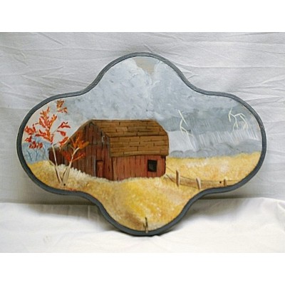 Vintage Style Wooden Wall Mount Key Holder w Country Barn Scene Signed T.M.   302828789949